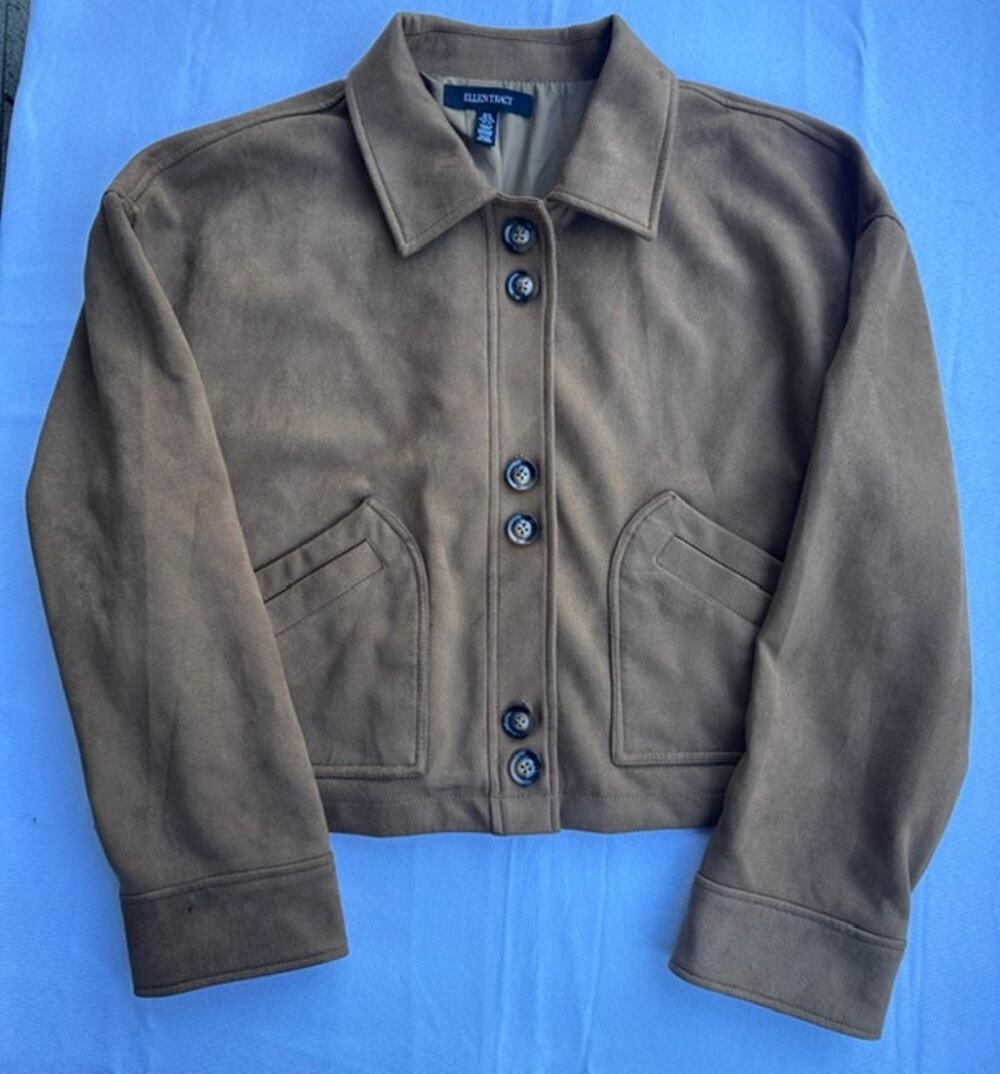 Ellen Tracy Brown Faux Suede Cropped Button Jacke Women's Size XL